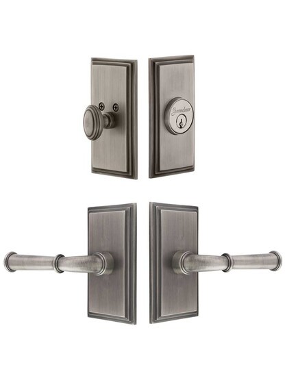 Grandeur Carre Entry Door Set, Keyed Alike with Georgetown Levers Left Handed in Antique Pewter.